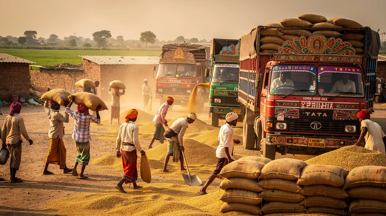 7f9c6dca 7d5e 4a12 a67e 62e3bf55741b The image depicts trucks being loaded with fresh wheat at a bustling grain market in rural India, highlighting the vital role of wheat in the roller flour milling sector. This scene reflects the agricultural process and the importance of wheat products in the local economy.