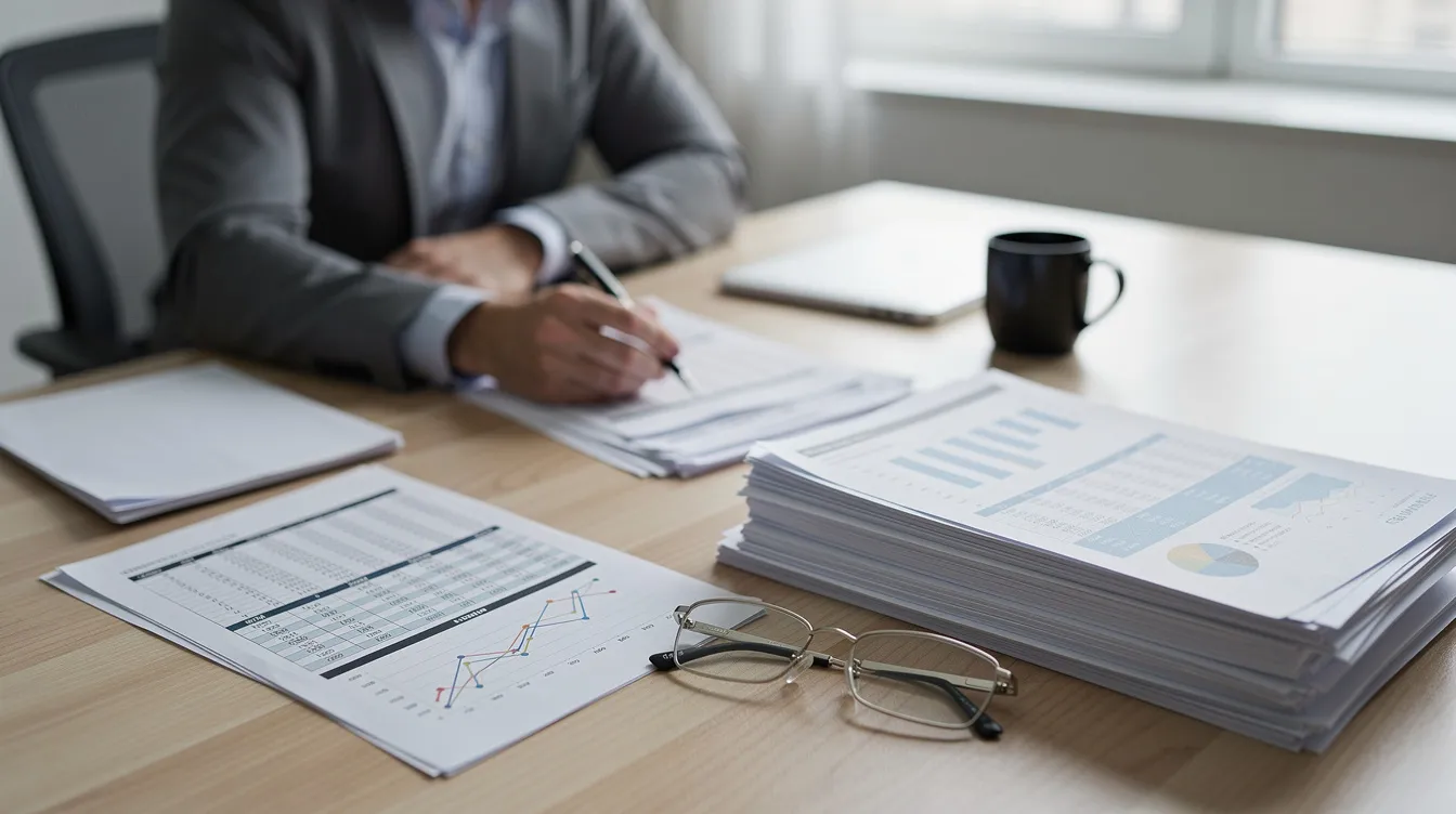 A professional, wearing reading glasses, is intently reviewing stacked documents and financial papers at a desk, highlighting the importance of due diligence in complex transactions such as mergers and acquisitions. The scene emphasizes the critical role of legal counsel in navigating asset purchase agreements and ensuring informed decisions in business transactions.