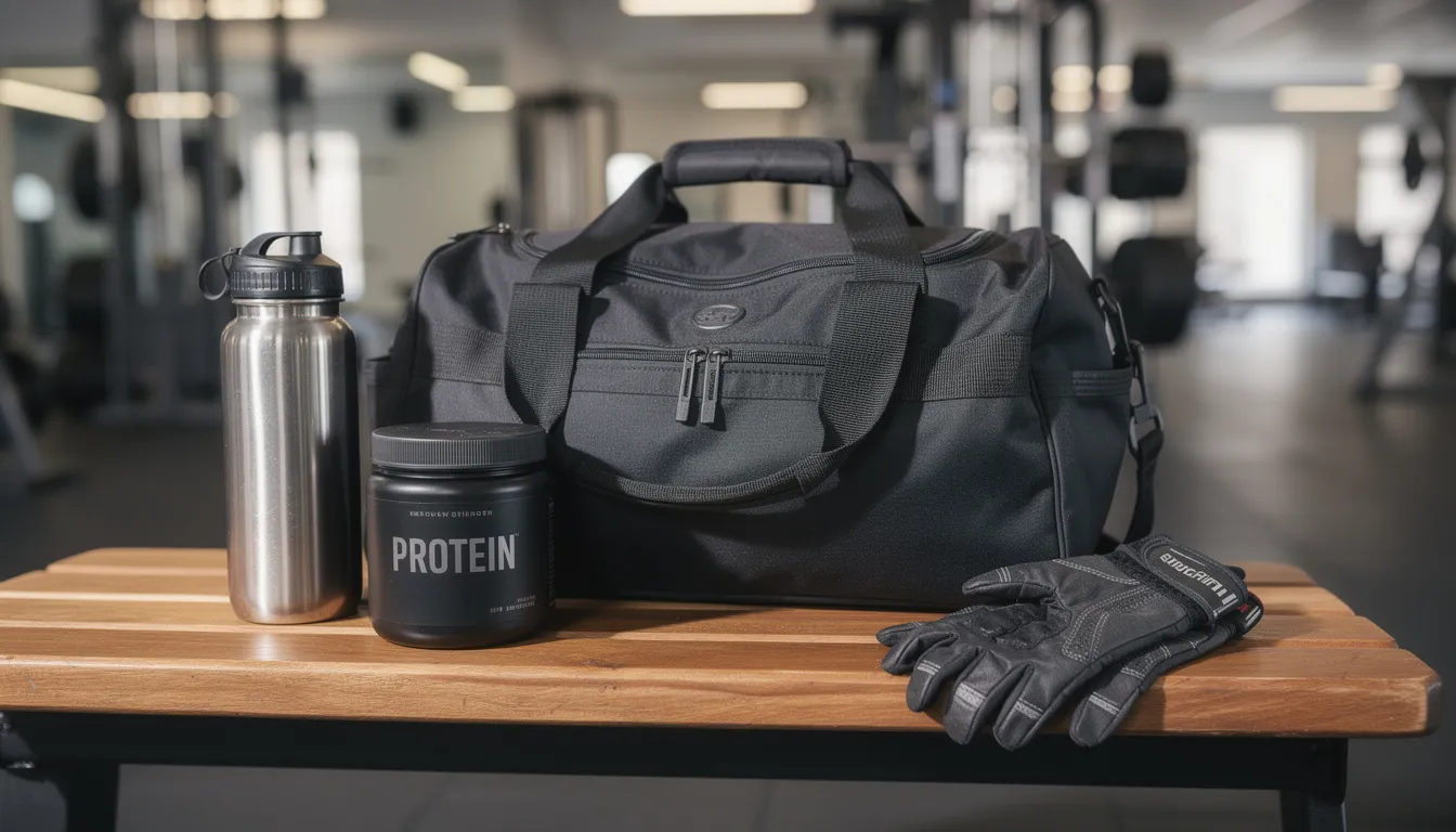 A gym bag rests on a bench, accompanied by a water bottle, a container of creatine supplements, and a pair of workout gloves, highlighting the essentials for fitness enthusiasts focused on muscle growth and performance. The setup suggests preparation for a session that may include creatine supplementation for enhanced muscle strength and recovery.