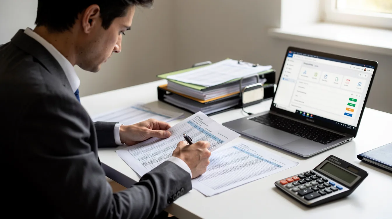 7fa036b4 2dac 4b08 ae53 3bf6b6745c70 A person is seated at a desk, carefully reviewing various financial documents and bank statements, possibly related to a business loan application under the Pradhan Mantri Mudra Yojana. The scene reflects the process of assessing credit needs and preparing for financial assistance to support small and micro enterprises.