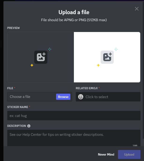 Picture showing the page to upload your custom Discord stickers