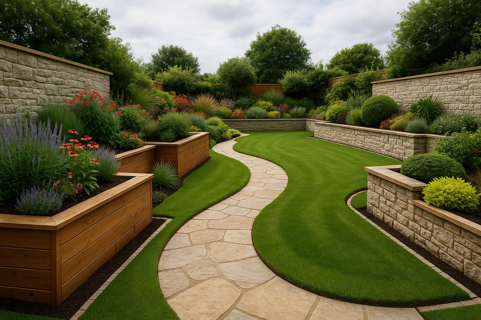 Garden with stone paths, raised planters, and retaining walls providing structure.