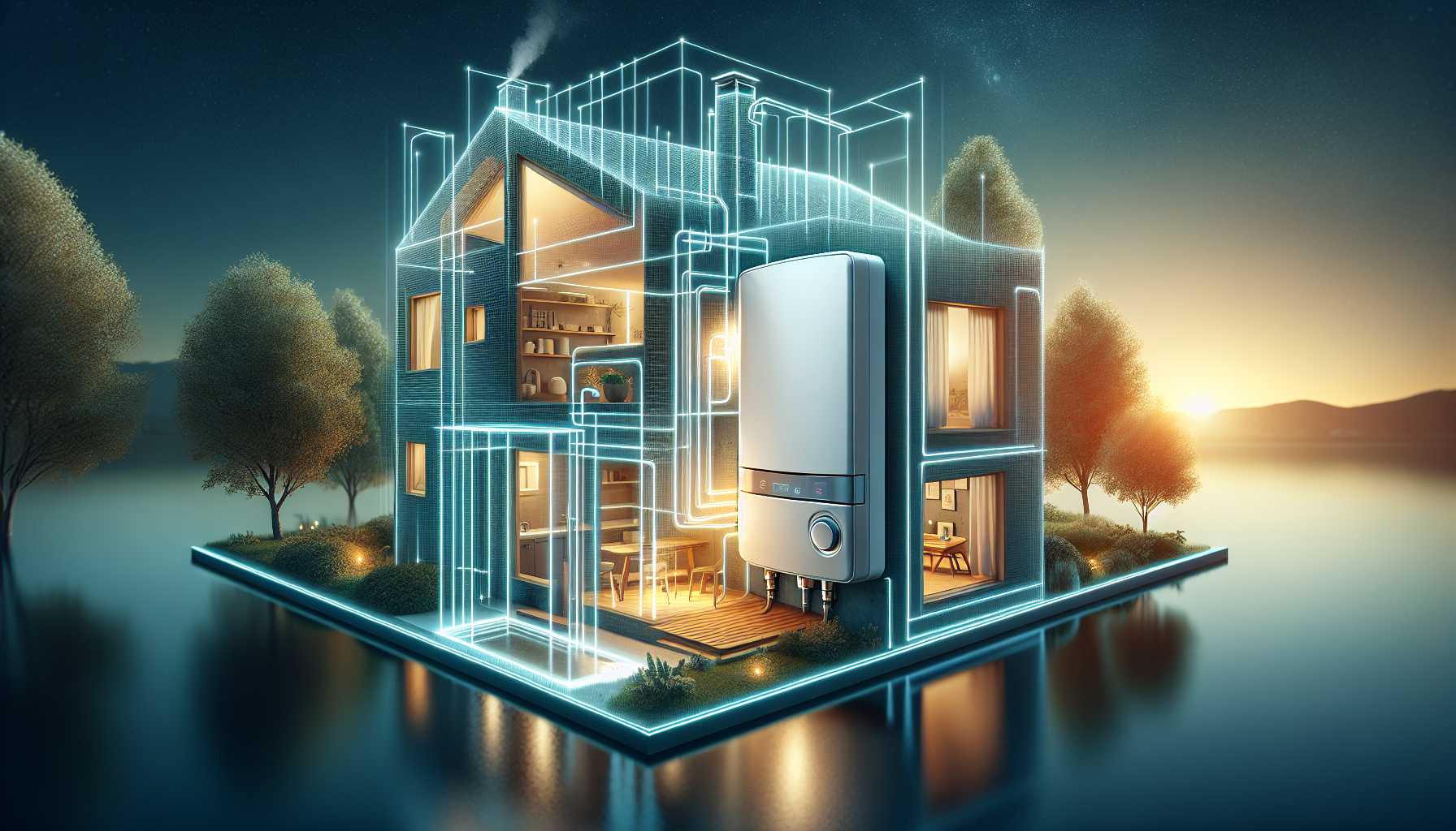 Illustration of a tankless water heater system in a modern home in Boise