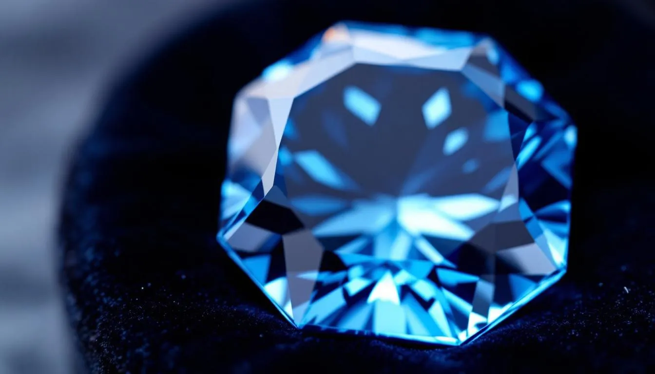 The image showcases a vibrant Swiss Blue Topaz gemstone, characterized by its striking sky blue color and oval cut, making it a popular choice for December birthstone jewelry. The bold hue of the stone highlights its clarity and quality, reflecting the beauty of gemstones mined in significant quantities from locations like Tanzania and the Merelani Hills.