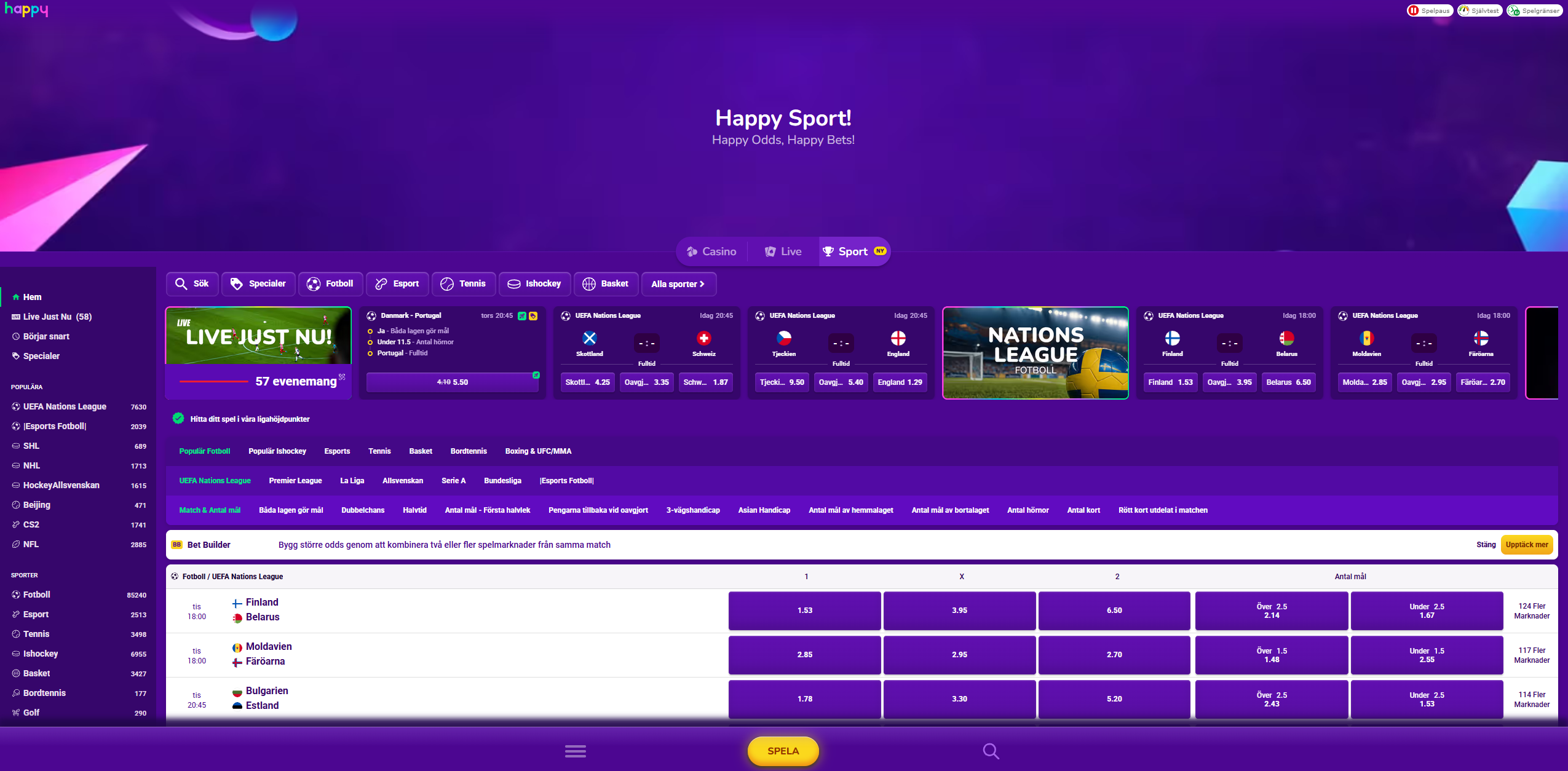 Happy Sport med livebetting, fotbollsodds, Bet Builder och flera sportmarknader.