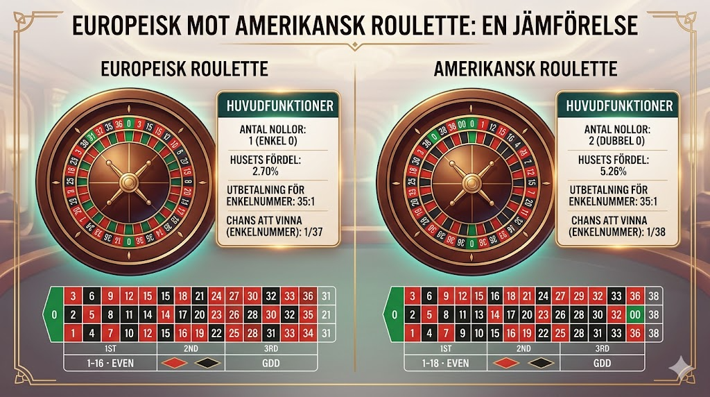 Europeisk och amerikansk roulette jämförelse – skillnad mellan enkel nolla och dubbel nolla samt odds och house edge