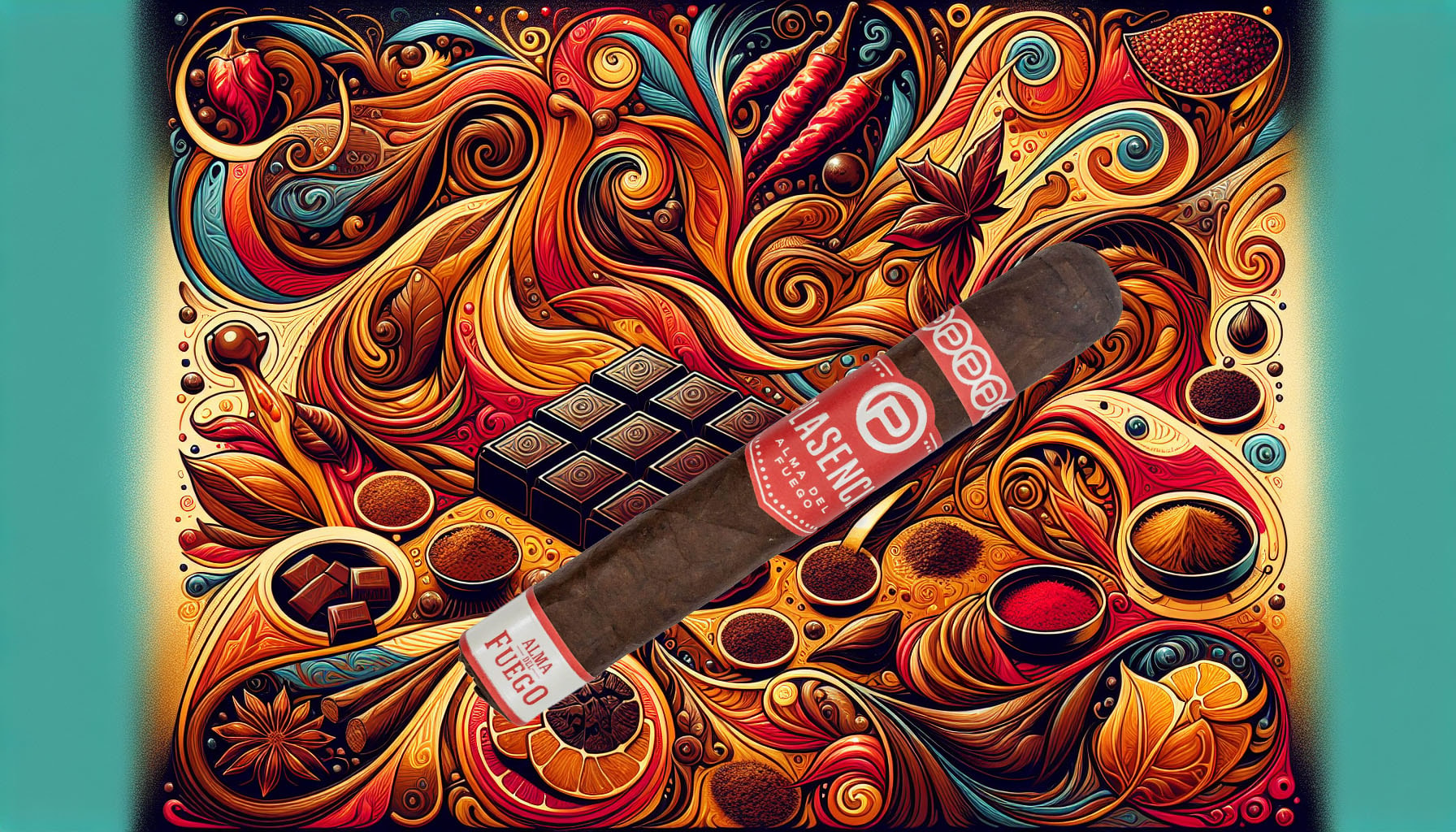 An artistic representation of the flavor profile of Plasencia Alma del Fuego cigars, highlighting various taste notes.