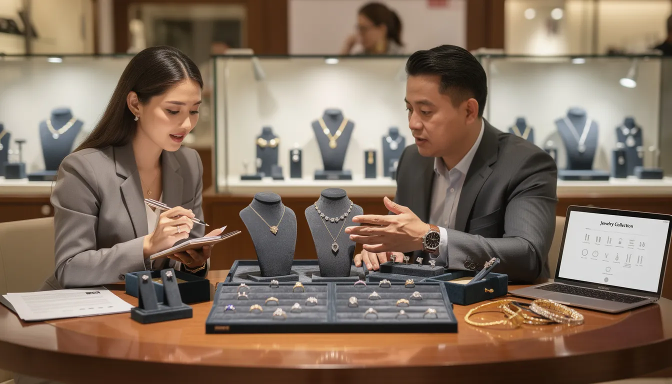 In a business meeting, a retailer discusses with a trusted supplier while examining various jewelry product samples, including earrings, bracelets, and rings made of sterling silver. The atmosphere is professional, focusing on offering the lowest prices and fast shipping options to enhance their store's selection for customers.