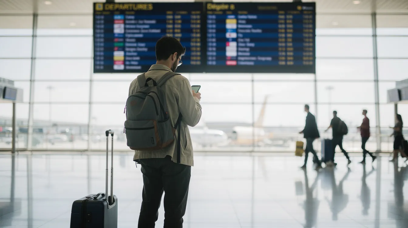 A traveler stands in an airport terminal, focused on their smartphone while a departure board displays flight information in the background. The scene highlights the convenience of modern travel, where mobile data access through eSIM technology can simplify connectivity and reduce roaming fees during international trips.