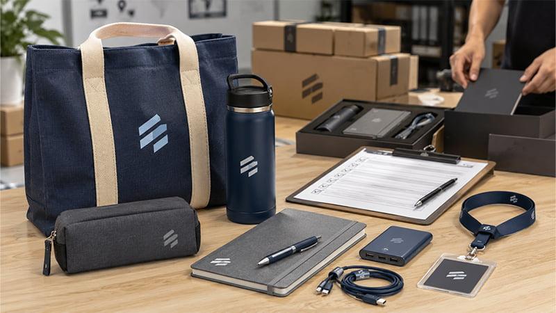 Corporate swag kit featuring branded tote bag, notebook, water bottle, tech accessories, and event gift items arranged for business promotions