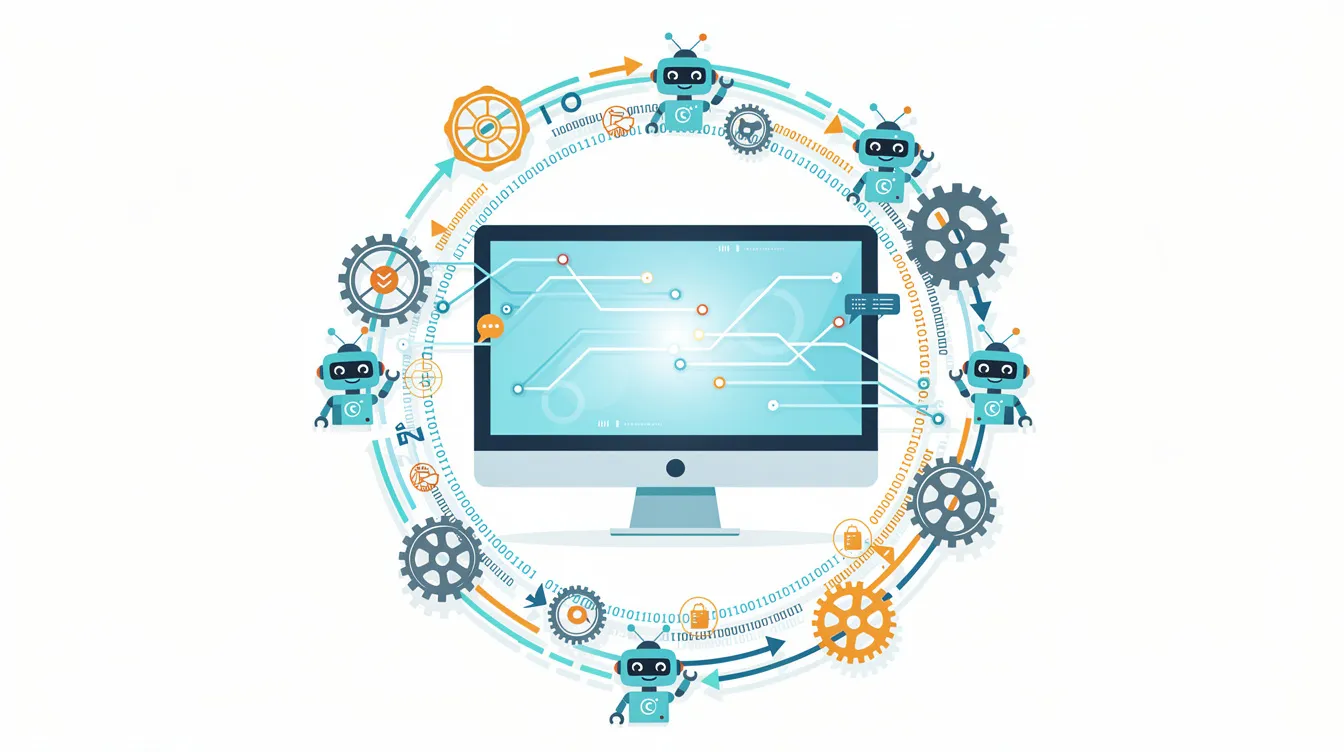 L'illustration montre un écran d'ordinateur entouré d'icônes évoquant des robots, des engrenages et des flux de données interconnectés, symbolisant l'optimisation des moteurs de recherche et l'intelligence artificielle. Ces éléments représentent la façon dont les agents AI peuvent améliorer la visibilité et l'accessibilité du contenu sur les sites web.