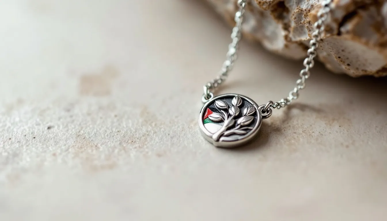 The image showcases a beautifully crafted silver plated Palestine map necklace, symbolizing unity and resilience. This piece of jewelry represents heritage and identity, making it a meaningful accessory for those who wish to express solidarity with Palestine.