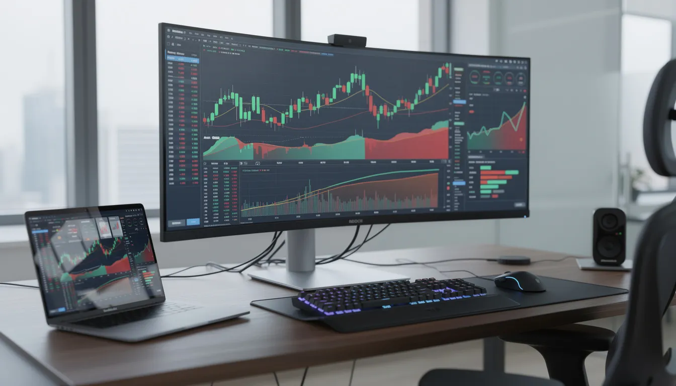 The image depicts a modern technology workspace featuring multiple computer screens that display intricate financial data, reflecting the dynamic environment of the fintech industry. This setup suggests a focus on regulatory compliance and financial services, catering to both established financial institutions and emerging fintech companies.