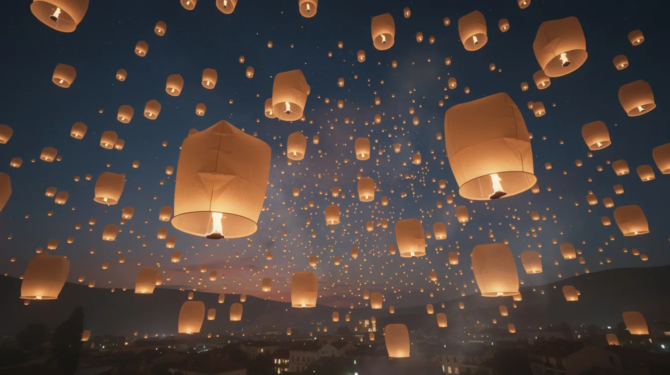 Um céu repleto de lanternas coloridas brilha durante um festival nas ruas de Chiang Mai, na Tailândia, criando uma atmosfera mágica e festiva. Essa cena é típica de eventos como o Festival das Lanternas, que celebra o Ano Novo e atrai muitos visitantes para a cidade.