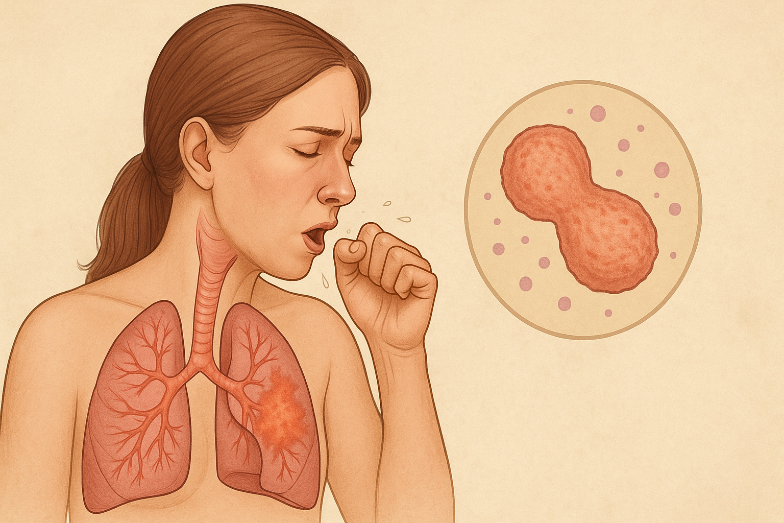 Kvinne som hoster med infeksjon i lungene, illustrasjon viser bakterien Mycoplasma pneumoniae ved siden av.