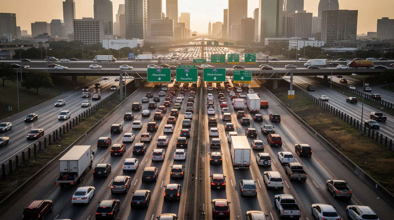 Una vista de una autopista congestionada en Houston durante la hora pico, con múltiples carriles llenos de vehículos detenidos, lo que puede aumentar el riesgo de accidentes de auto. Esta situación resalta la importancia de contar con un abogado especializado en accidentes para obtener compensación en caso de lesiones.