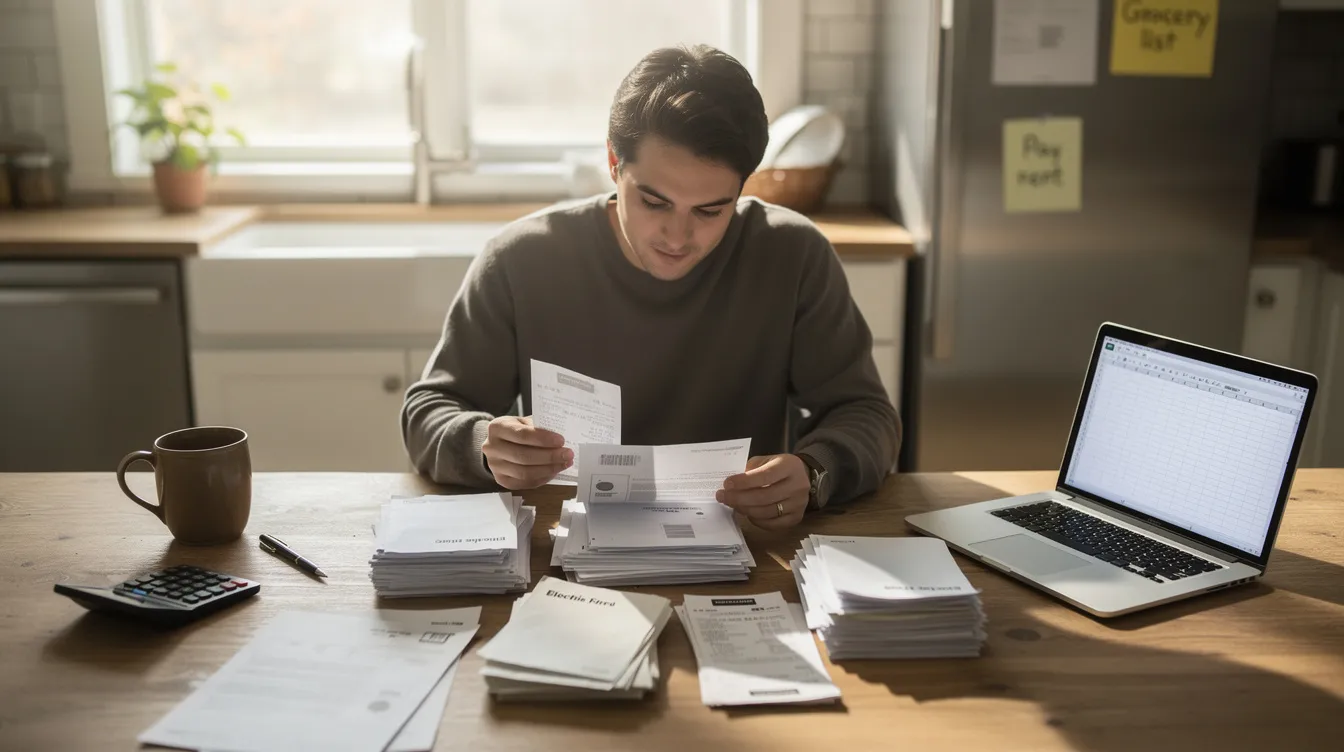 A person is sitting at a kitchen table, carefully organizing household bills and documents, surrounded by various papers and a calculator. The scene conveys a sense of focus and responsibility, as they manage their finances and consider options like credit card balance transfers and loan repayments.