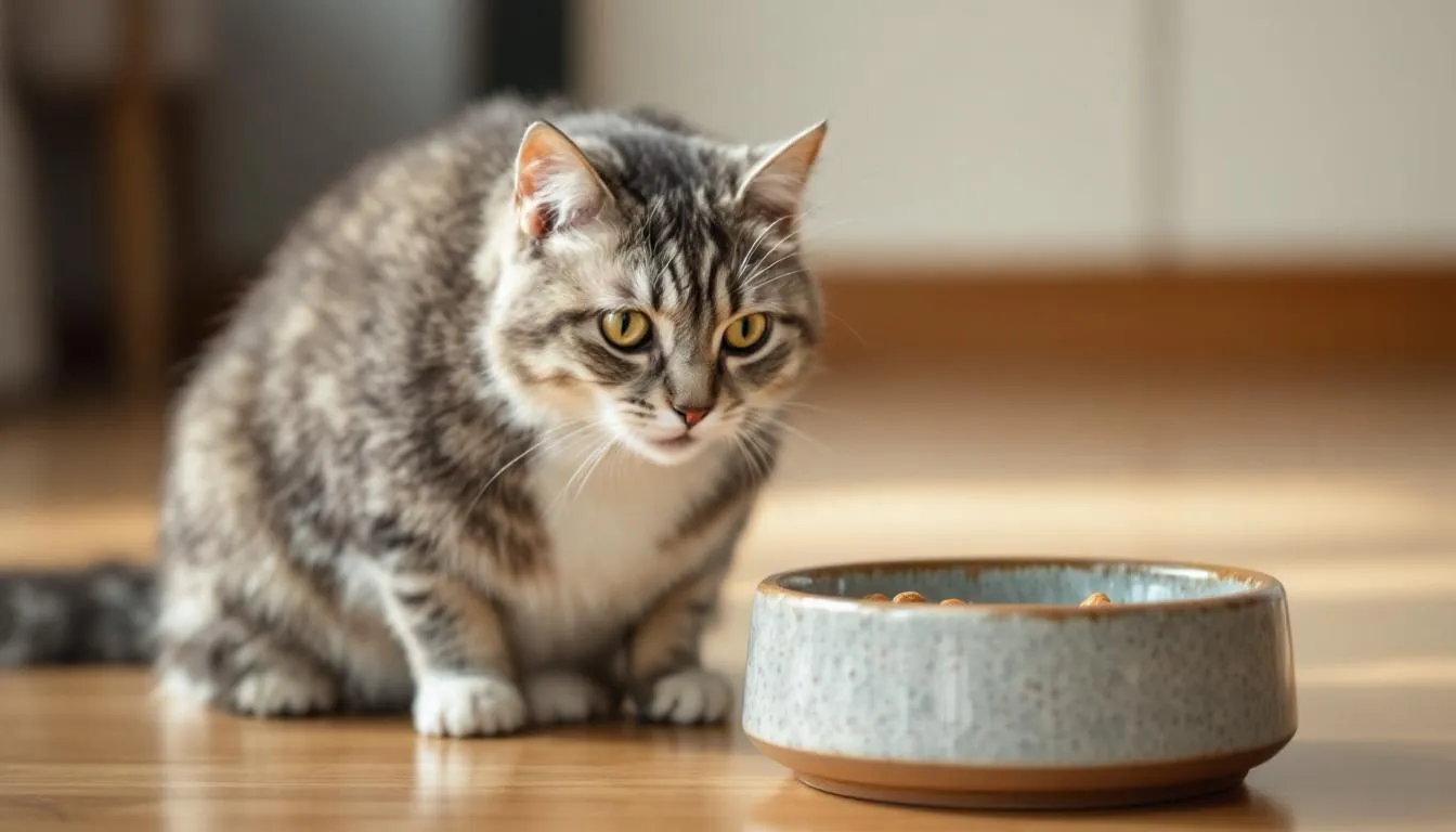 Een oudere kat eet rustig uit een laag, gemakkelijk toegankelijk voerbakje. Dit beeld kan een indicatie zijn van leeftijdsgebonden gedragsveranderingen, zoals symptomen van cognitief dysfunctie syndroom of dementie bij de kat.