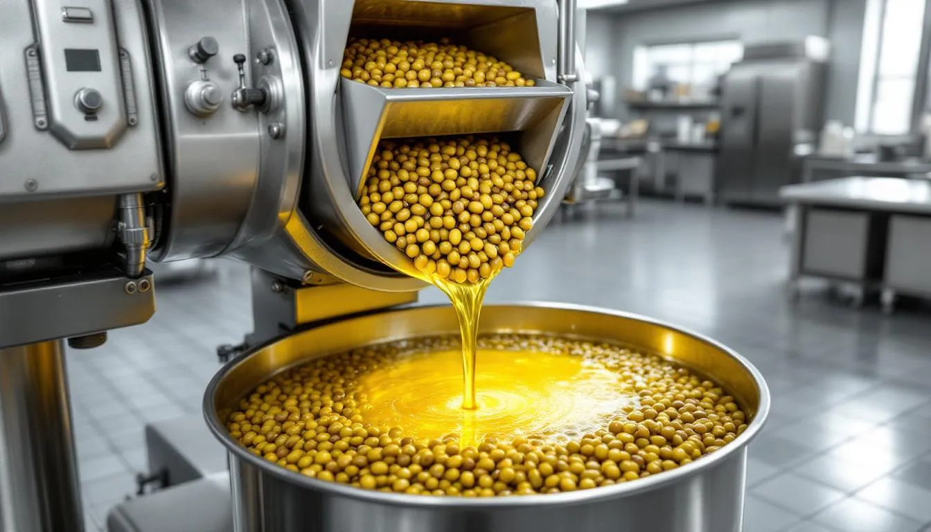 The image depicts the photorealistic extraction process of olive oil, showcasing ripe olive fruits being mechanically processed to produce high-quality extra virgin olive oil. The scene highlights the careful methods used to ensure the oil maintains its unique taste and health benefits, emphasizing the importance of quality in olive oil production.