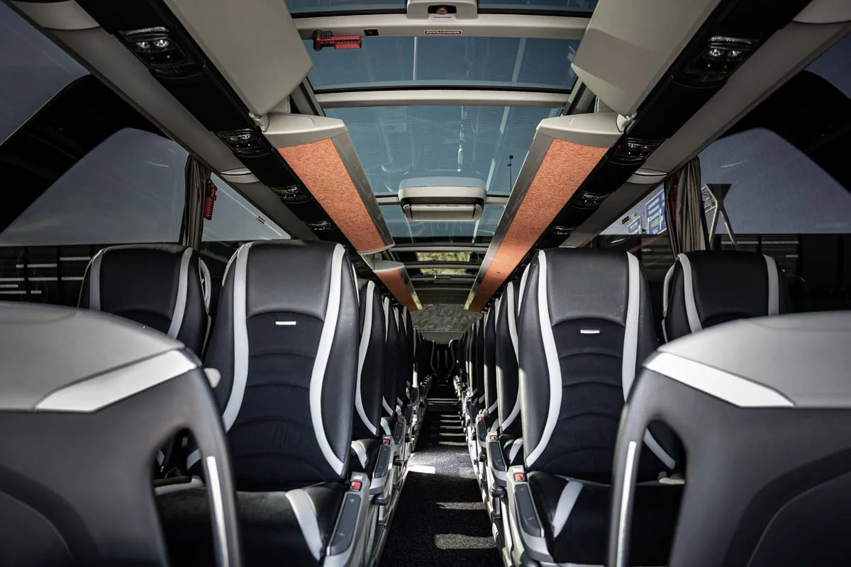 Our cars are cared for, because we want you to have an outstanding journey. This is the interior of our Setra bus, that accomodates 56 passengers! This bus is mostly used for big ceremony or congress, or an airport transfer in amsterdam