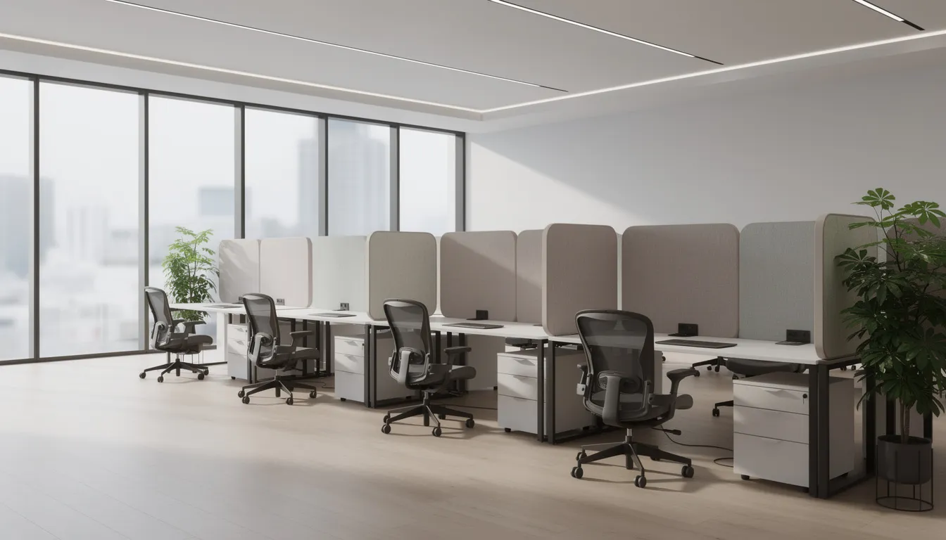 Een open kantoorruimte met akoestische wandpanelen langs de werkplekken, die bijdragen aan een betere akoestiek en de geluiddempende werking verbeteren. De wandpanelen hebben een natuurlijke uitstraling en zijn ontworpen om storende geluiden te verminderen, waardoor de werkomgeving aangenamer wordt.