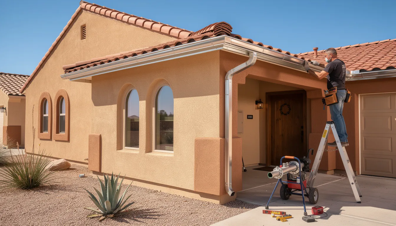 A professional is seen installing seamless aluminum gutters on a southwestern-style stucco home, ensuring a well-functioning gutter system that will prevent water damage. The installation highlights the importance of efficient gutter installation and maintenance for homeowners in Pueblo West.