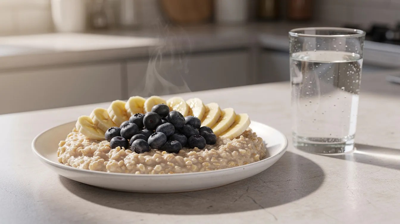 A vibrant plate of oatmeal topped with sliced bananas and blueberries sits on a kitchen counter, accompanied by a glass of water, offering a nutritious pre-match meal ideal for tennis players looking to boost their energy levels before an early morning match. This combination provides sustained energy and essential nutrients for optimal performance on the court.