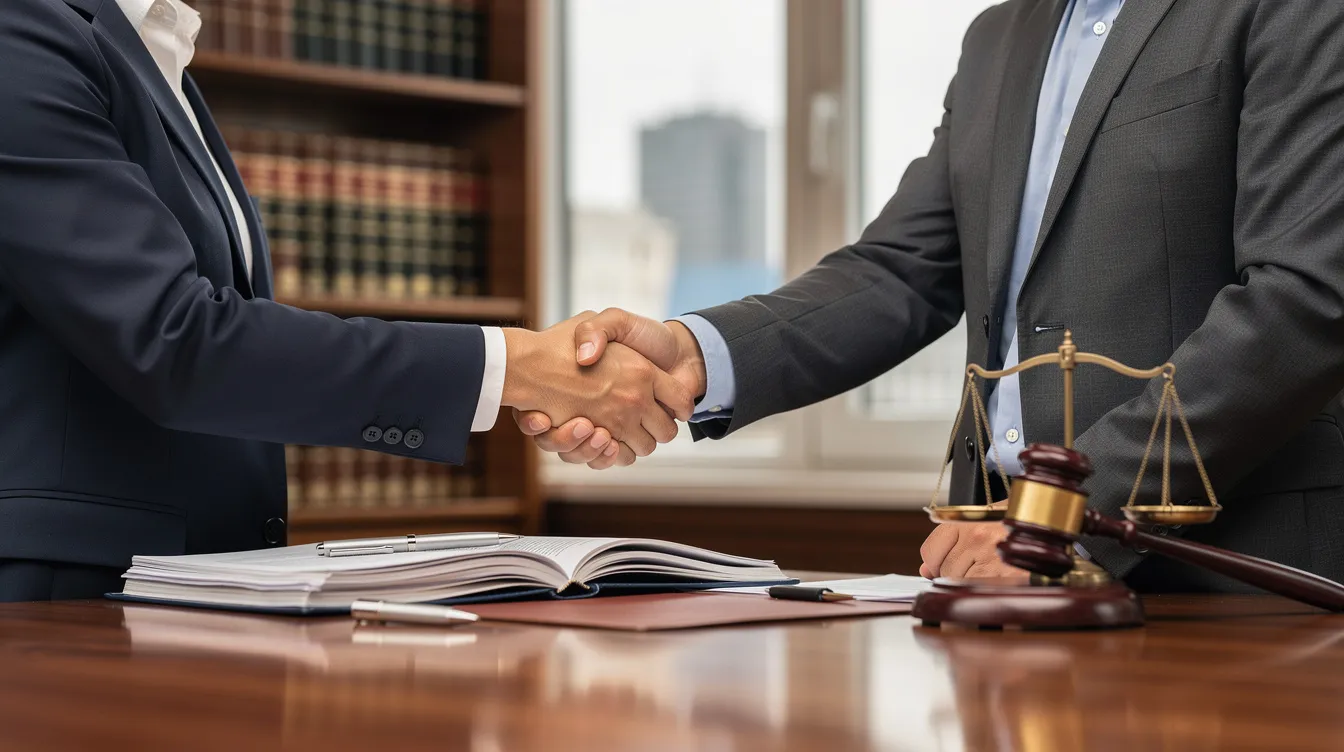 The image depicts a professional handshake between two individuals in a law office, symbolizing a successful collaboration in navigating social security disability claims. The setting conveys a sense of trust and professionalism, essential for discussing important matters like disability benefits and legal assistance.