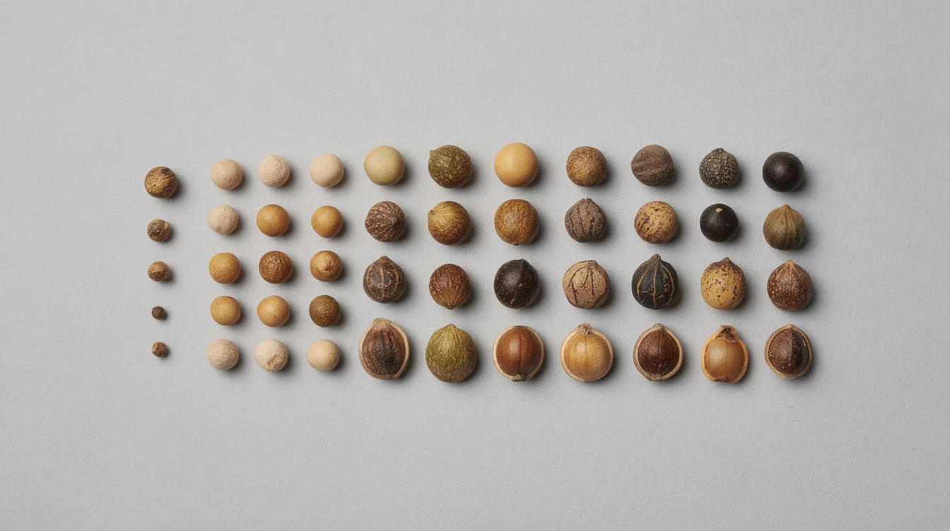 Auf dem Bild sind verschiedene Cannabis Samen in unterschiedlichen Größen und Farben zu sehen, die auf einem neutralen Hintergrund angeordnet sind. Die Samen repräsentieren eine Vielzahl von Sorten, darunter feminisierte und reguläre Samen, die für den Anbau von Cannabis Pflanzen verwendet werden.