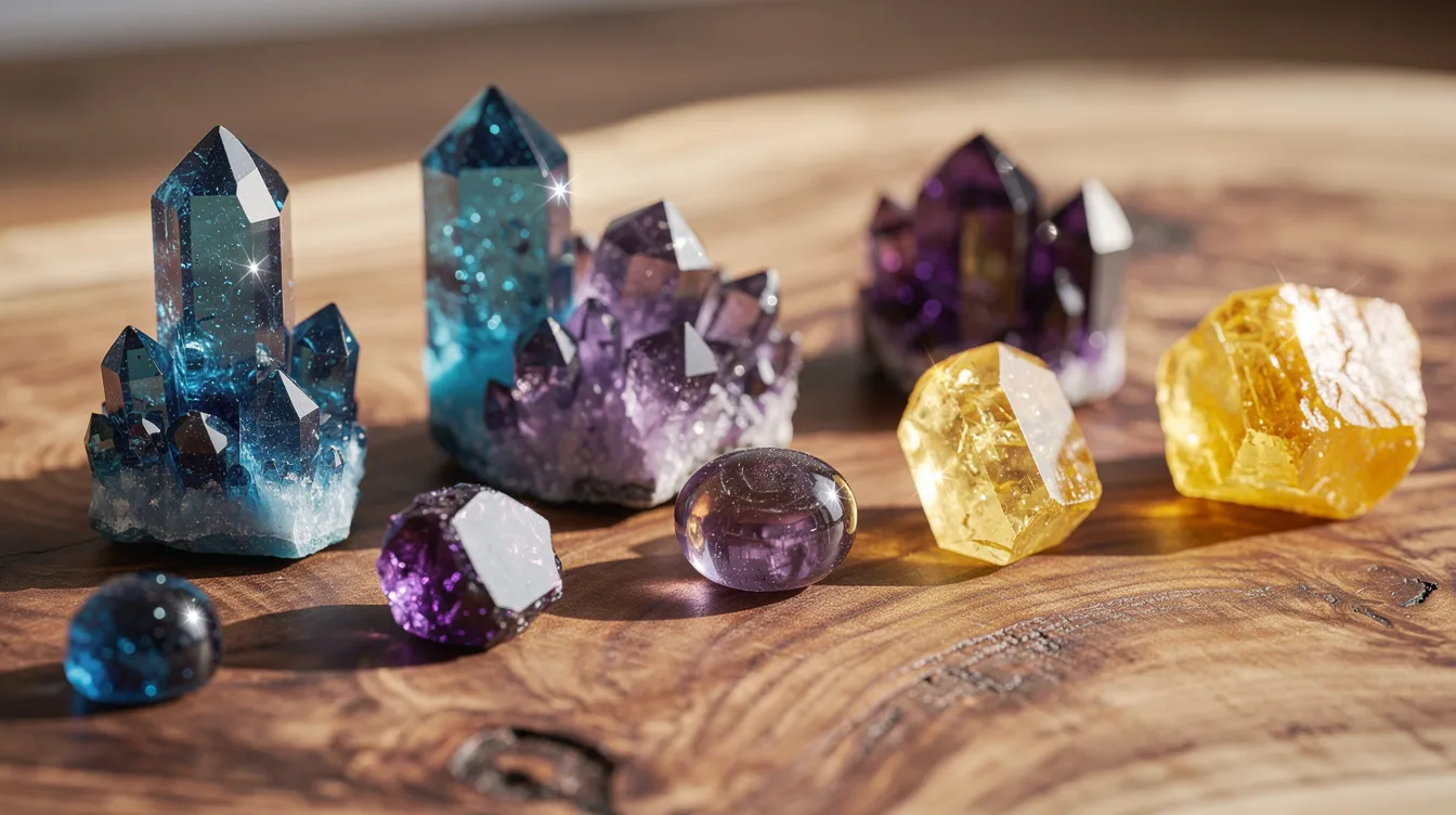 A vibrant collection of colorful gemstones, including blue topaz, amethyst, and citrine, is artfully arranged on a piece of natural wood. The various hues create a stunning display that highlights the unique beauty and healing properties of these semi-precious gemstones, often associated with zodiac signs like Sagittarius.