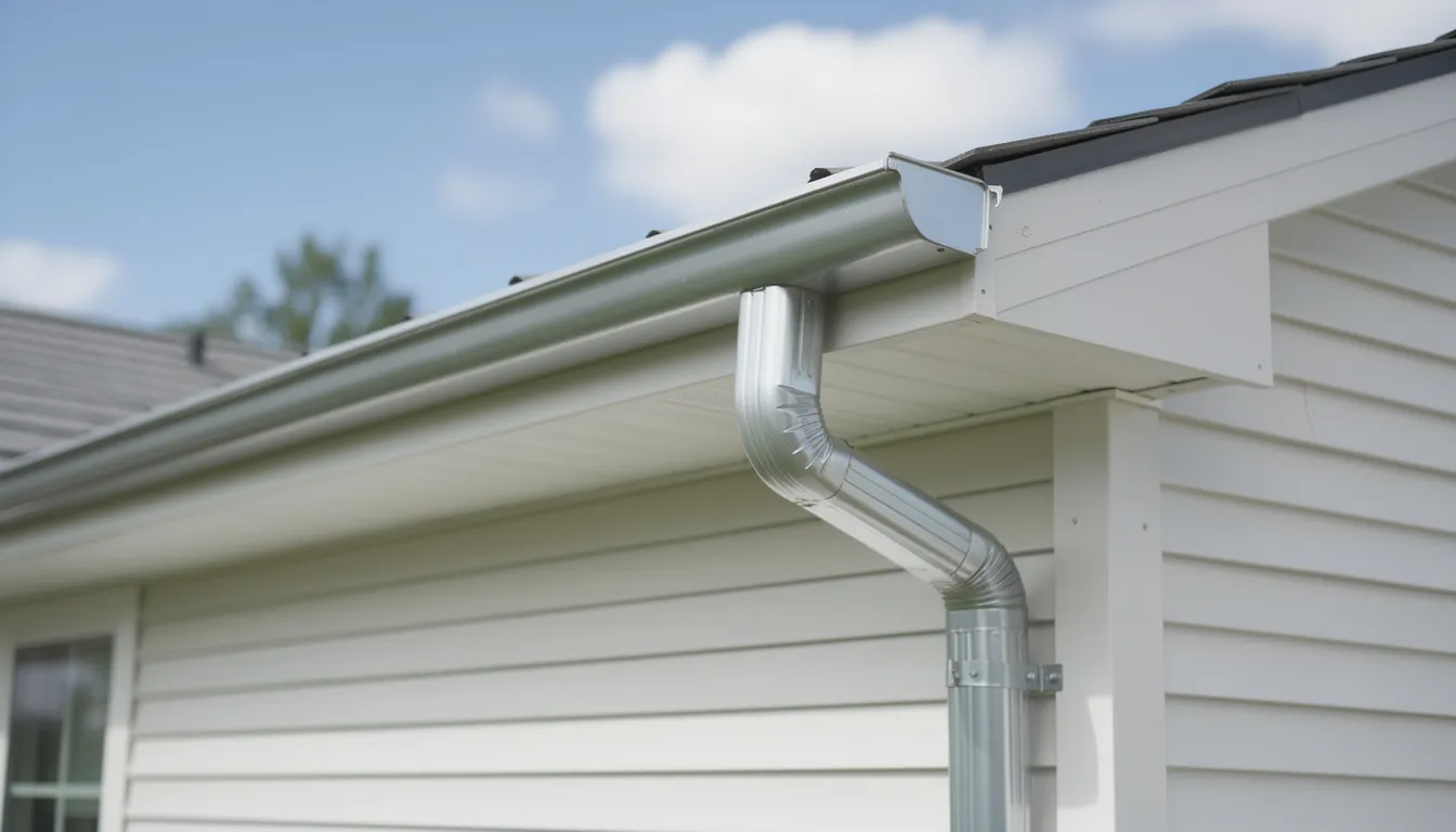The image depicts a clean and well-maintained gutter system on a residential home, showcasing a clear downspout that effectively directs rainwater away from the property. This professional gutter installation highlights quality craftsmanship and serves to prevent water damage, ensuring the home remains protected from potential issues like leaks and sagging gutters.