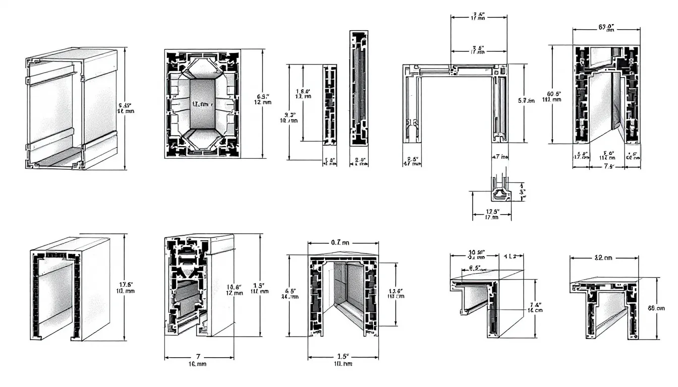 De afbeelding toont een technische vergelijking van verschillende aluminium kozijnen en profielen, met nadruk op hun cross-secties en isolatie-eigenschappen. Deze aluminium schuifpuien zijn ontworpen voor een moderne uitstraling en uitstekende thermische isolatie, wat ze tot een slimme investering maakt voor functionele woningen.