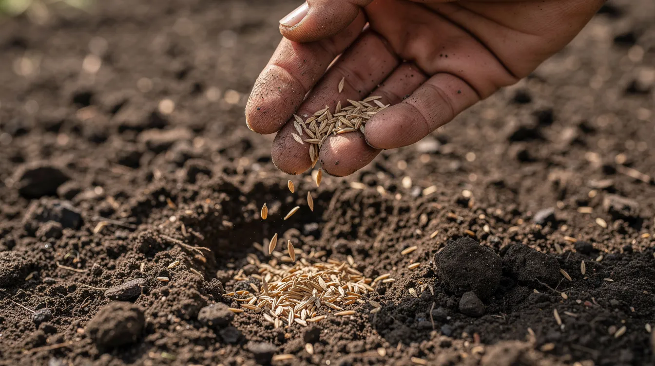 A close-up image shows a hand scattering grass seed over a prepared patch of soil, emphasizing the importance of lawn care for establishing new grass in bare patches. The scene highlights the nurturing process involved in sowing grass seeds to promote healthy growth in the garden.