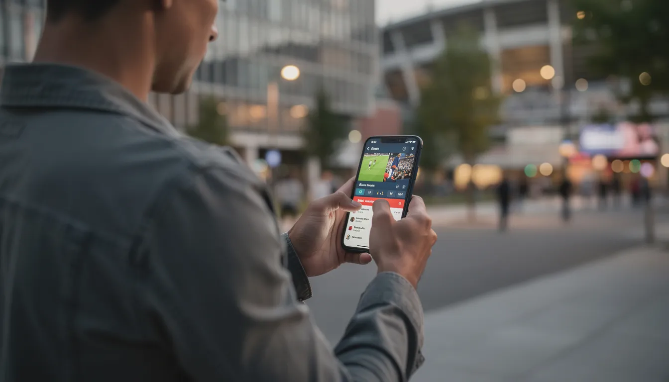 En person sitter utomhus och använder en smartphone för att kolla på sportresultat, vilket kan inkludera live betting och odds hos Betinia. Bakgrunden visar en park med gröna träd och en klar blå himmel.