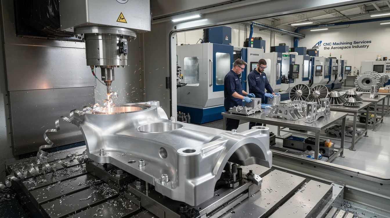 The image showcases a high-tech CNC machining facility specializing in aerospace manufacturing, featuring advanced computer-controlled machines that produce precision machined components for the aerospace industry. The scene highlights intricate aerospace parts, including turbine blades and structural components, demonstrating the capabilities of 5-axis CNC machining and the importance of tight tolerances in ensuring optimal performance for critical engine parts.