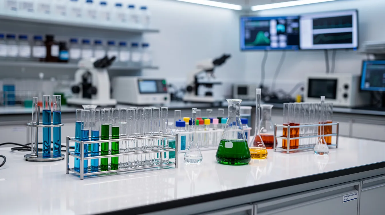 The image depicts a modern scientific laboratory filled with various research equipment, including test tubes and beakers, where scientists might be conducting studies related to NAD supplementation and its effects on healthy aging and metabolic health. The organized workspace suggests ongoing research into cellular function and DNA repair, possibly involving human trials and clinical evidence for age-related diseases.