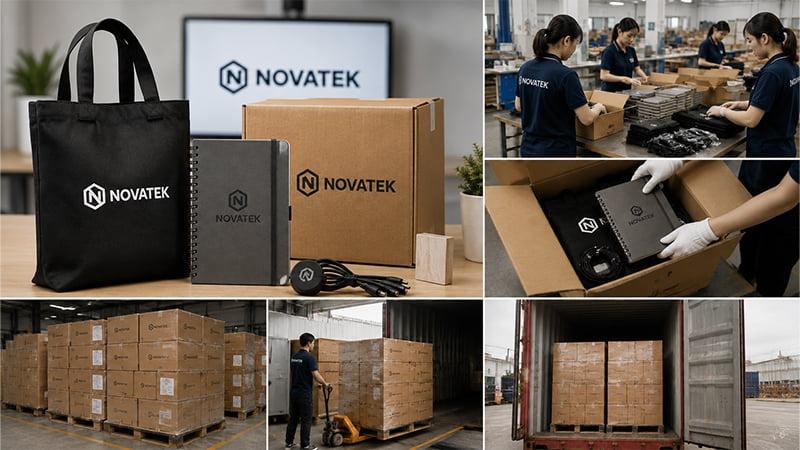 Custom event swag production process showing branded gift sets, quality inspection, packaging, warehouse storage, and shipment preparation
