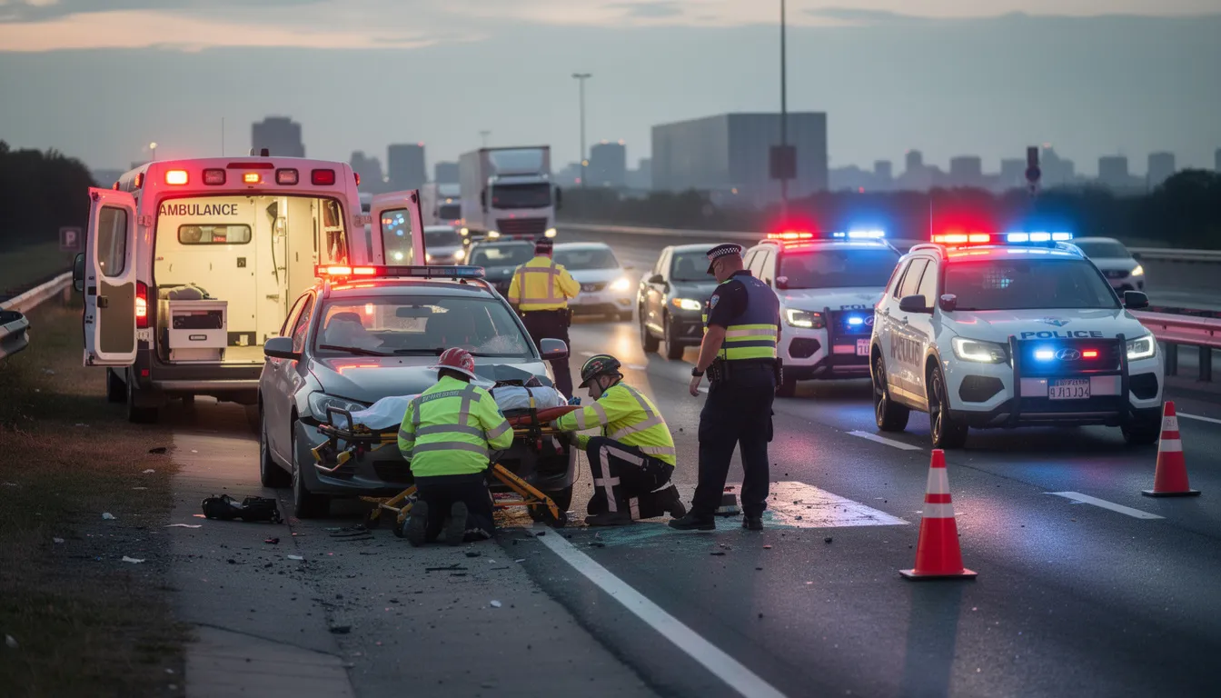The image shows emergency responders at a highway accident scene, with police vehicles and an ambulance attending to car accident victims. The scene highlights the urgency of the situation, emphasizing the need for legal representation and medical attention following a serious car crash.