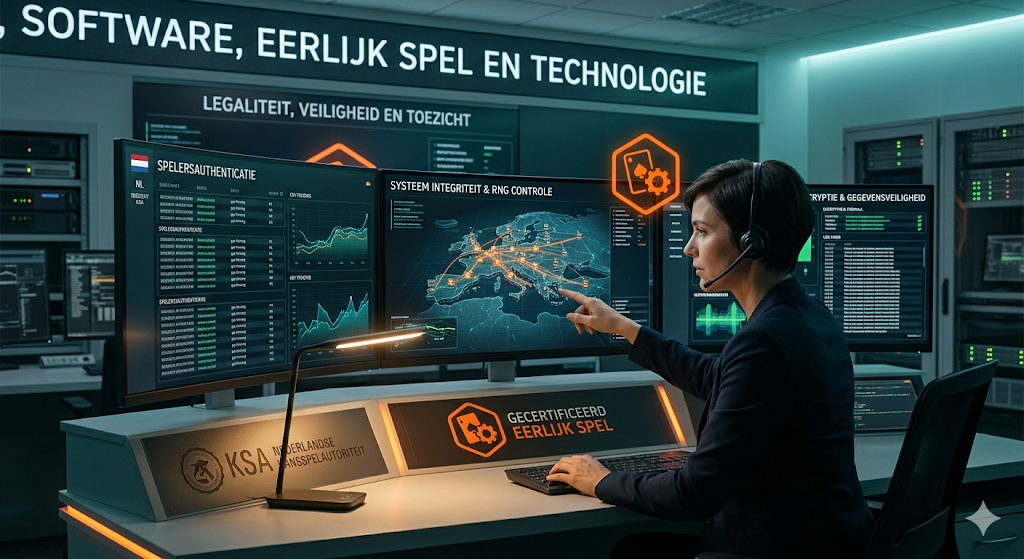 Controlekamer voor online poker software en eerlijk spel, met monitoring van RNG, spelersauthenticatie, beveiliging en toezicht door een kansspelautoriteit.