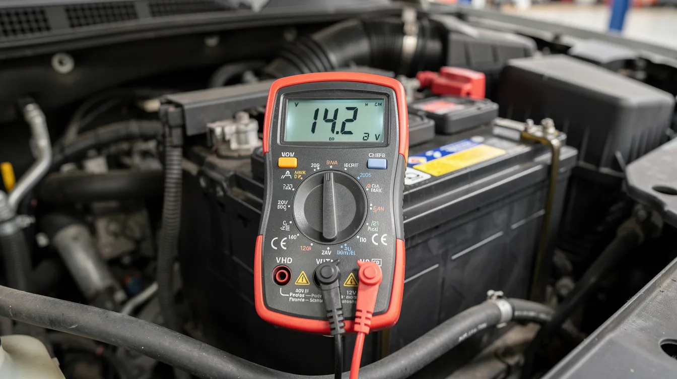 A digital multimeter is connected to a car battery, measuring voltage during a charging system test, while rca cables and power cables are visible nearby. The setup is designed to check for issues such as a bad alternator or ground loop problems, ensuring the vehicle's electrical system functions correctly.