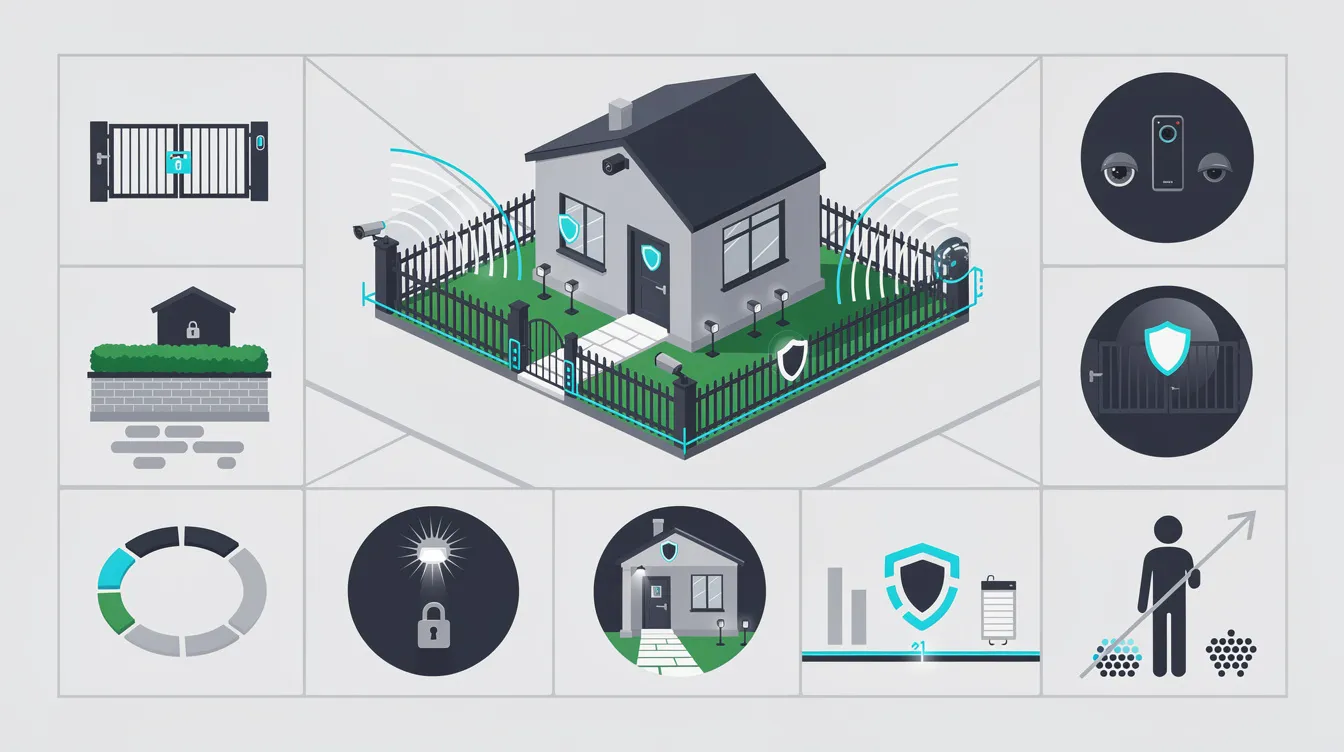 Key components of home perimeter security including physical barriers and surveillance systems.