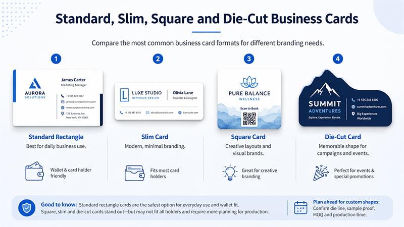 standard slim square and die cut business card format comparison for different branding and campaign needs