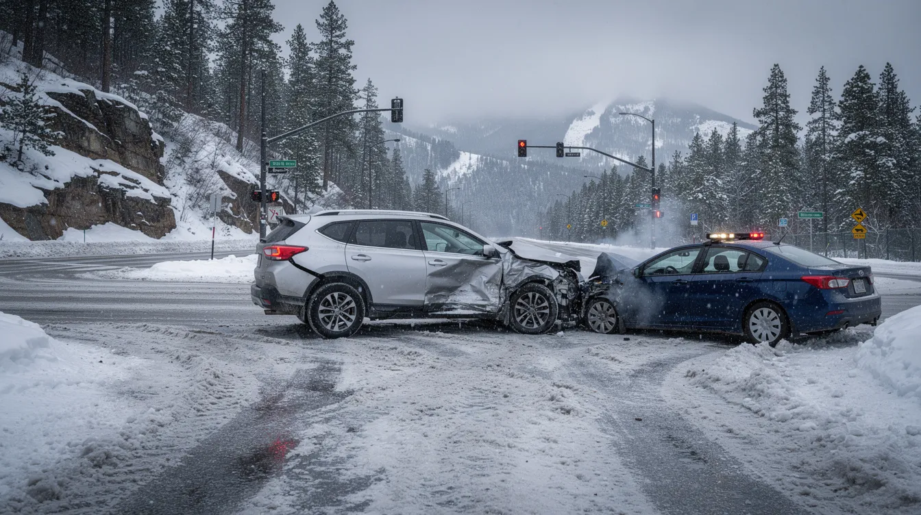 The image shows two vehicles that have come to a stop after a left turn accident at an intersection on a snowy Colorado road. The scene captures the aftermath of a side-impact collision, highlighting the potential dangers of turning drivers failing to yield to oncoming traffic.