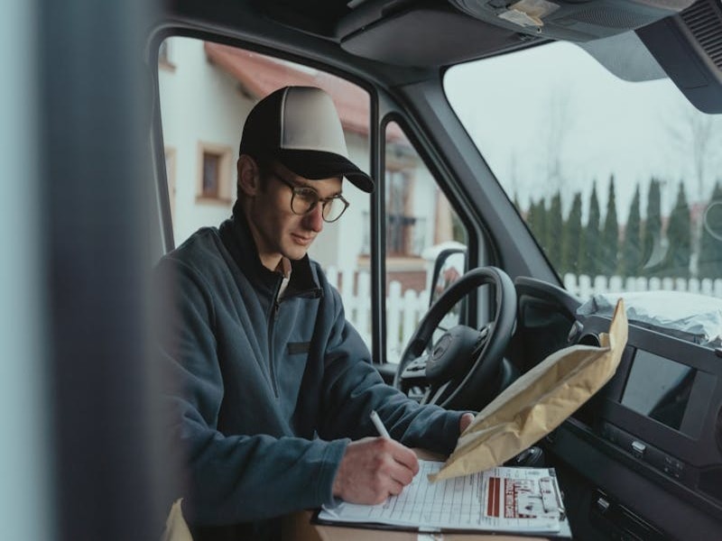 A delivery driver is holding a golden-brown polymailer in his left hand and using a pen in his right hand.