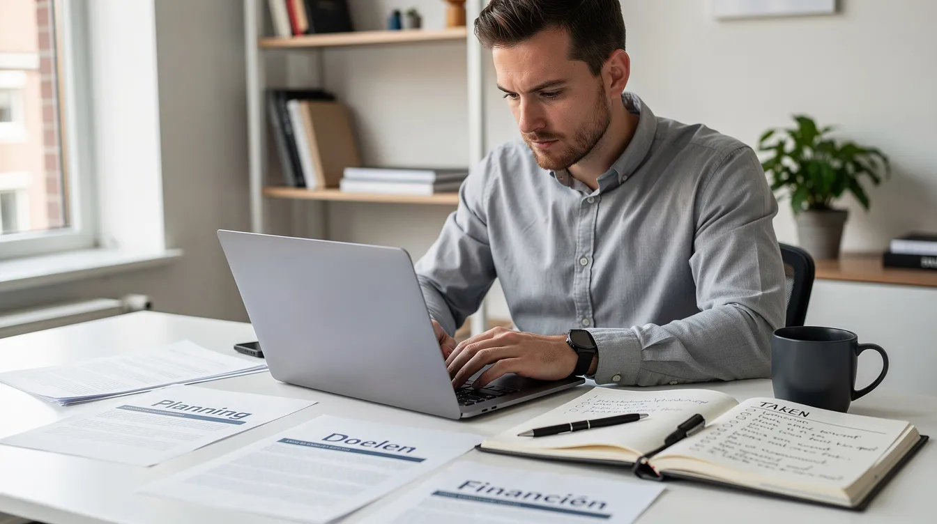 Een ondernemer zit achter zijn laptop en werkt geconcentreerd aan zijn plannen, omringd door papieren en notities op zijn bureau. Deze setting weerspiegelt de structuur en focus die nodig zijn om een succesvolle onderneming te starten.