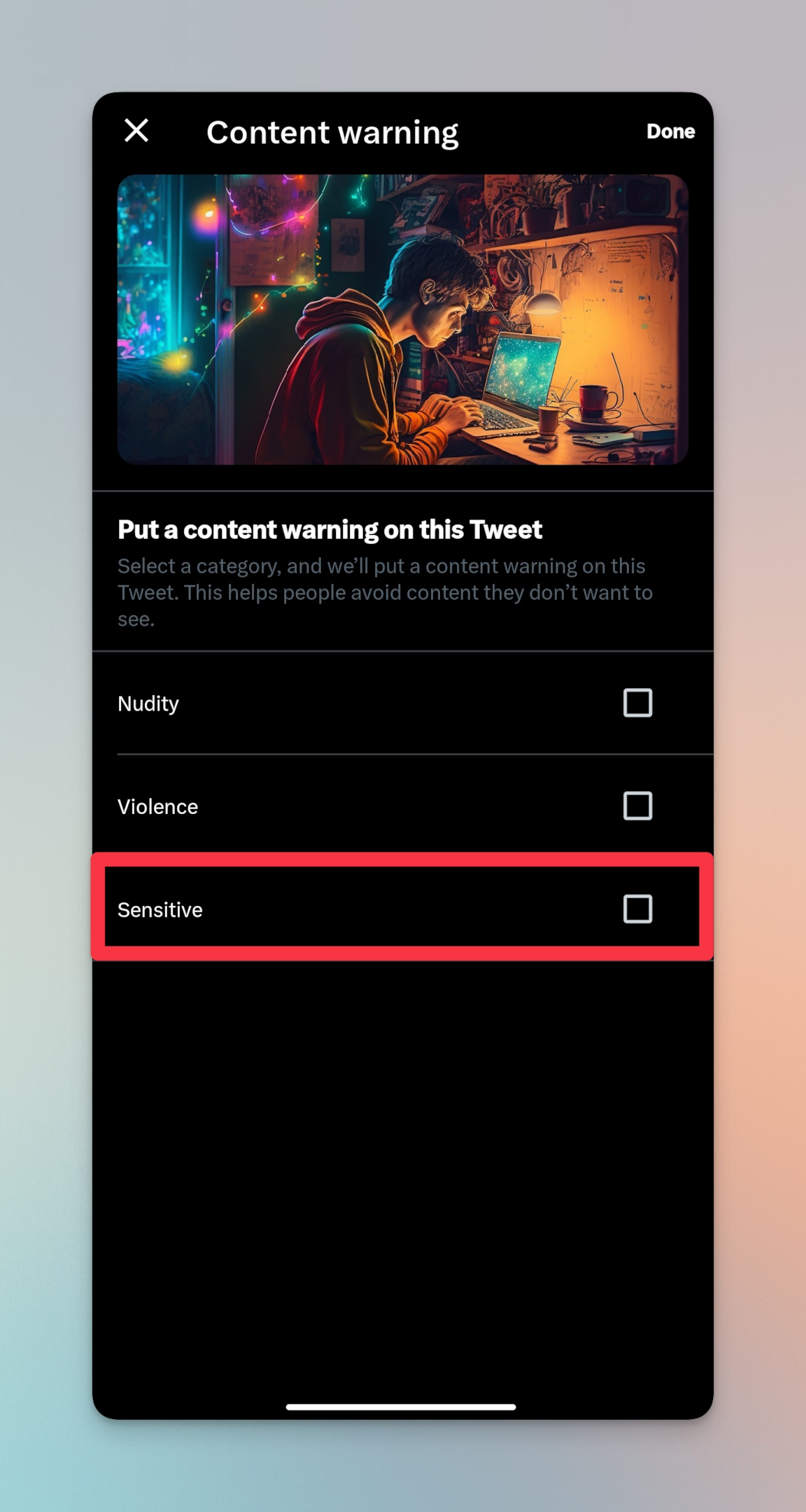Remote.tools shows to tap on Sensitive checkbox to mark tweets as sensitive.