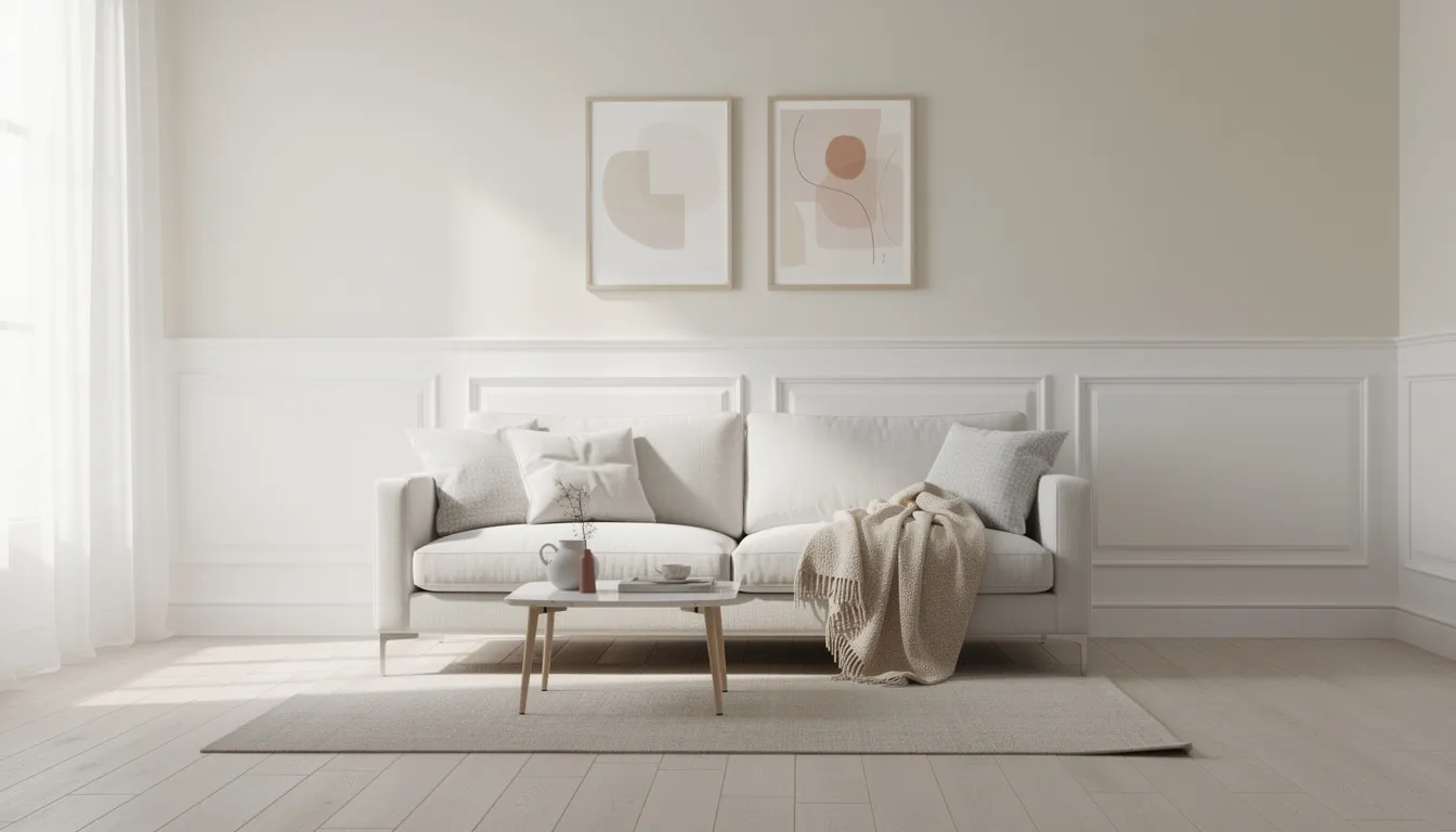 The image depicts a bright living room featuring half-height white painted wall panelling, which adds a touch of classic elegance to the space. A comfortable sofa is positioned against the wall, creating a welcoming atmosphere filled with natural light.
