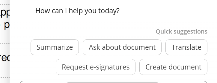 pdfFiller's AI assistant AI assistant panel showing document actions like summarization, translation, and e-signature requests.
