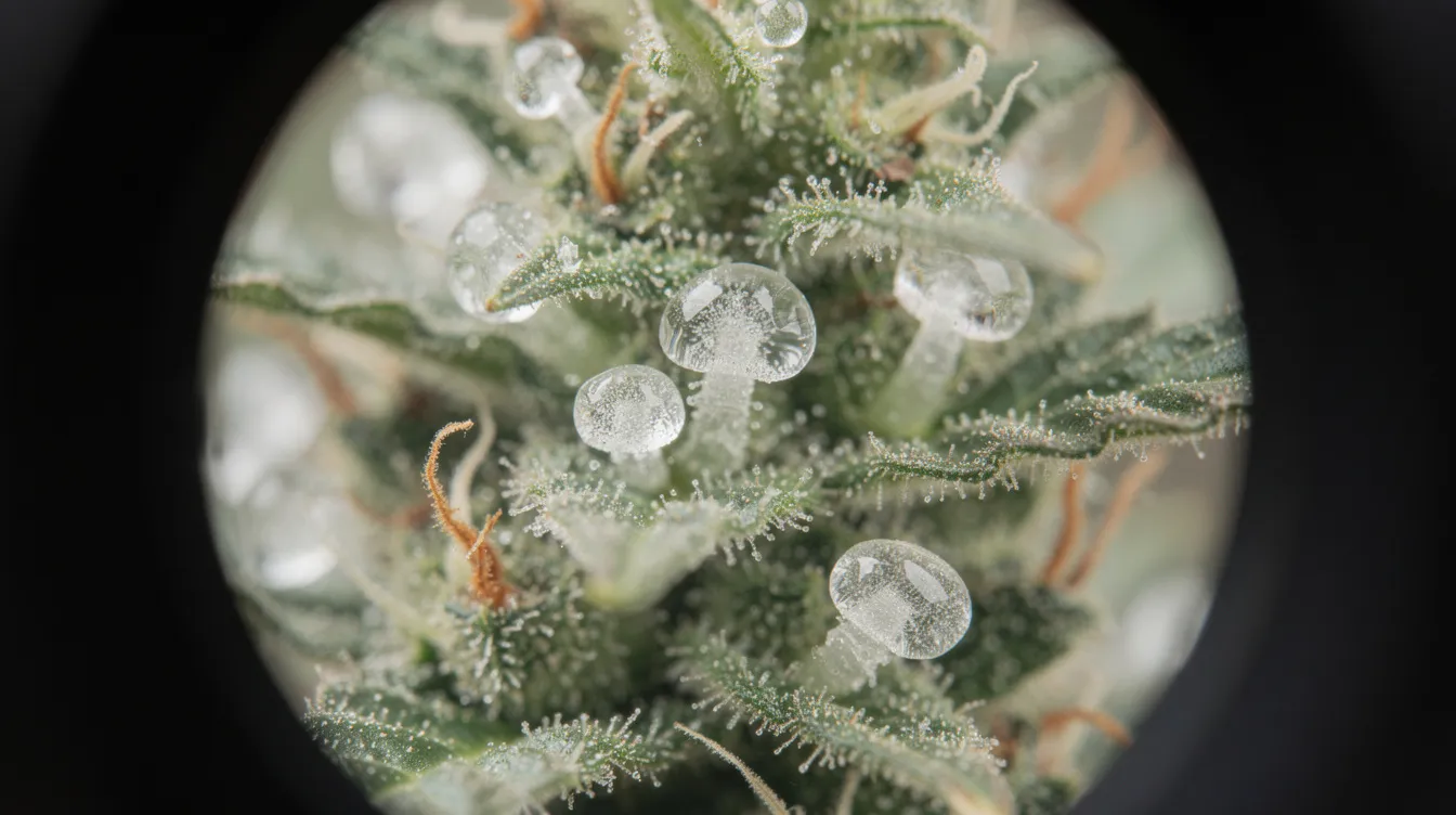 Eine Makroaufnahme zeigt die feinen Harzdrüsen (Trichome) auf einer Cannabisblüte, die unter einer Lupe betrachtet werden. Diese Details sind charakteristisch für die Blütephase der Cannabispflanze und verdeutlichen die Entwicklung und Struktur der Blütenbildung.