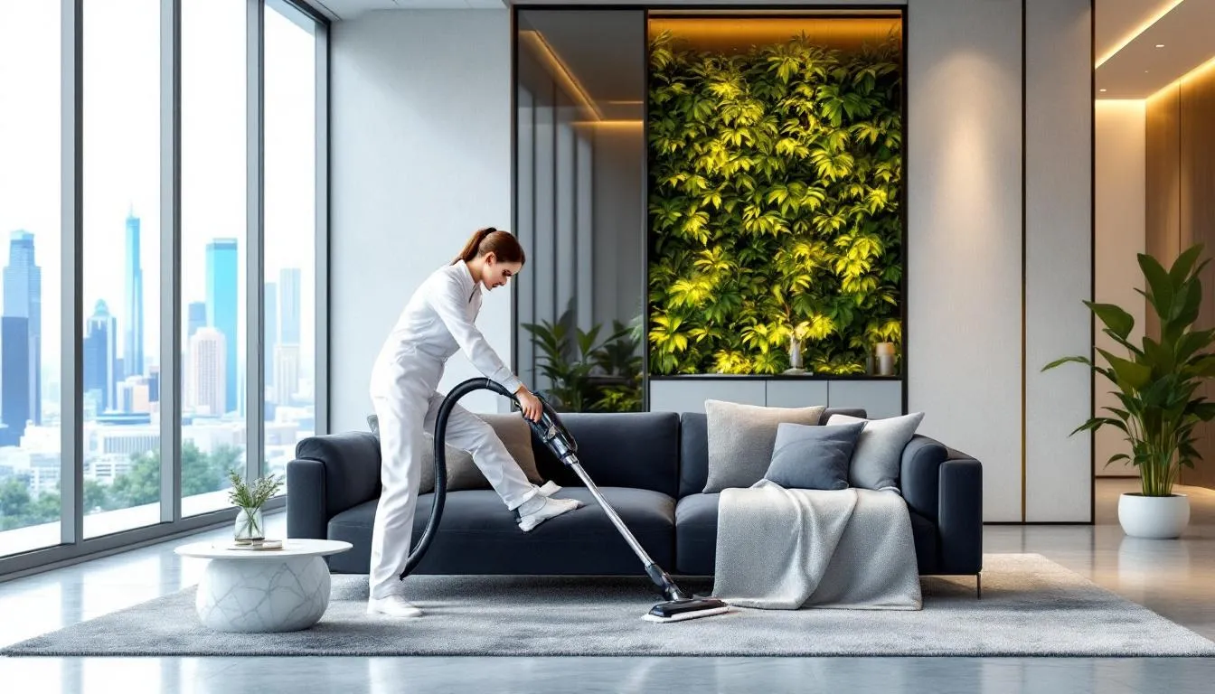 A professional cleaner using equipment to clean a sofa, illustrating the importance of regular sofa cleaning in Dubai.